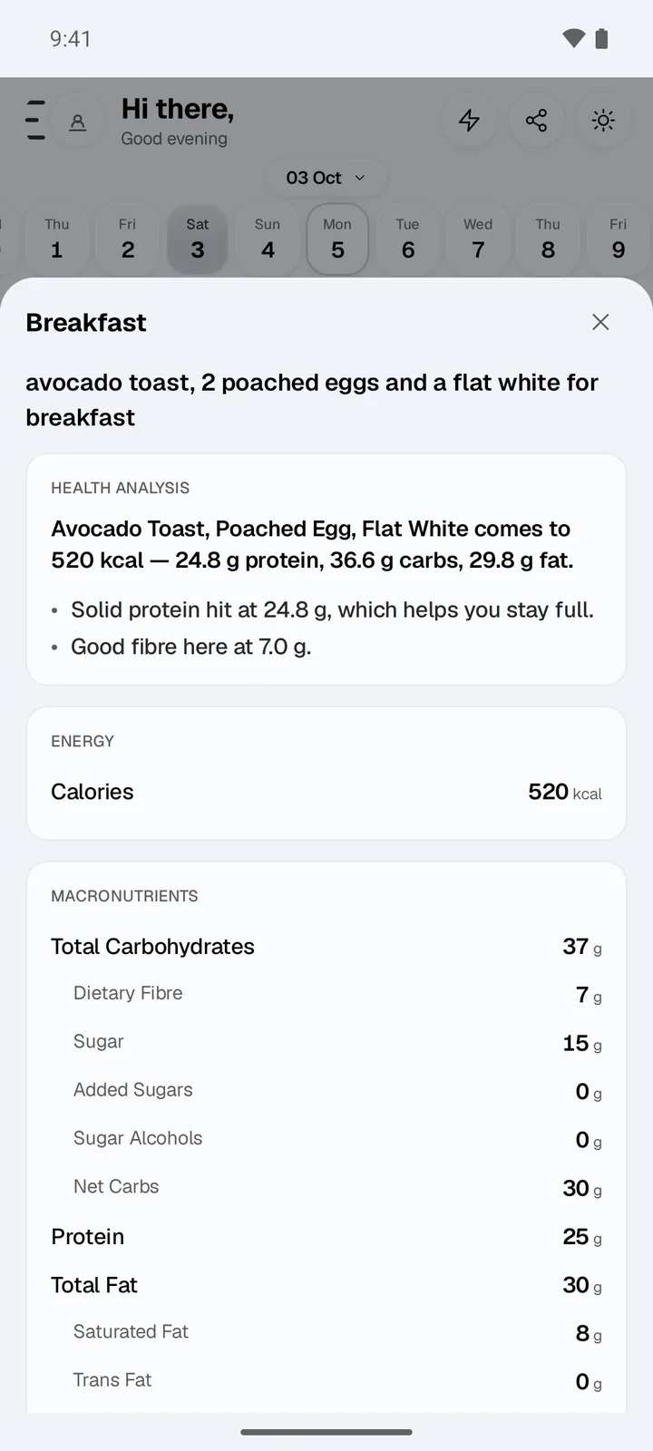 A breakfast of avocado toast, two poached eggs and a flat white opened in CalChat: a health analysis (520 kcal, 24.8 g protein, good fibre at 7 g) above the nutrition facts, from total carbohydrates and fibre to saturated and trans fat