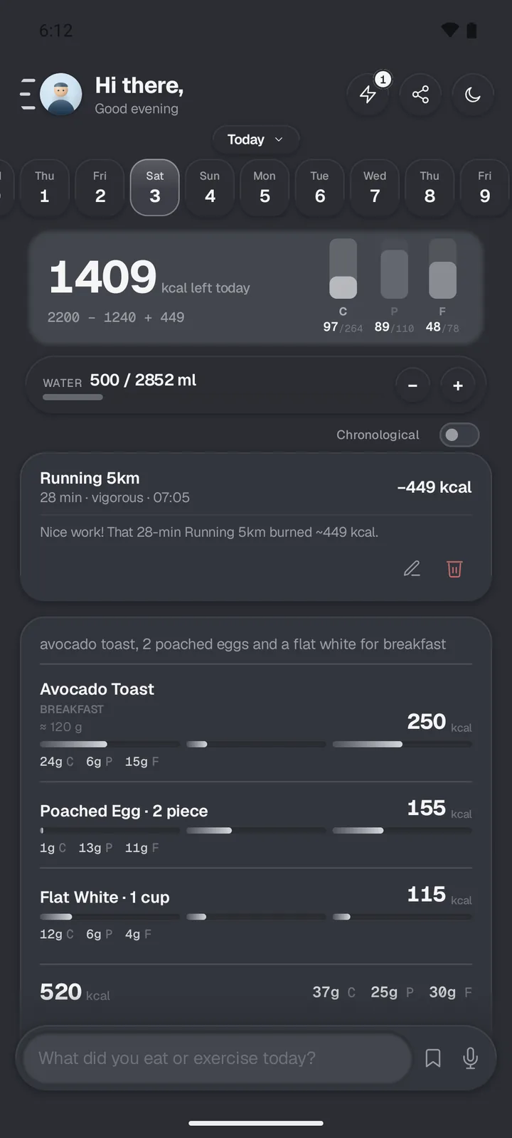 The same CalChat day in the Dark theme