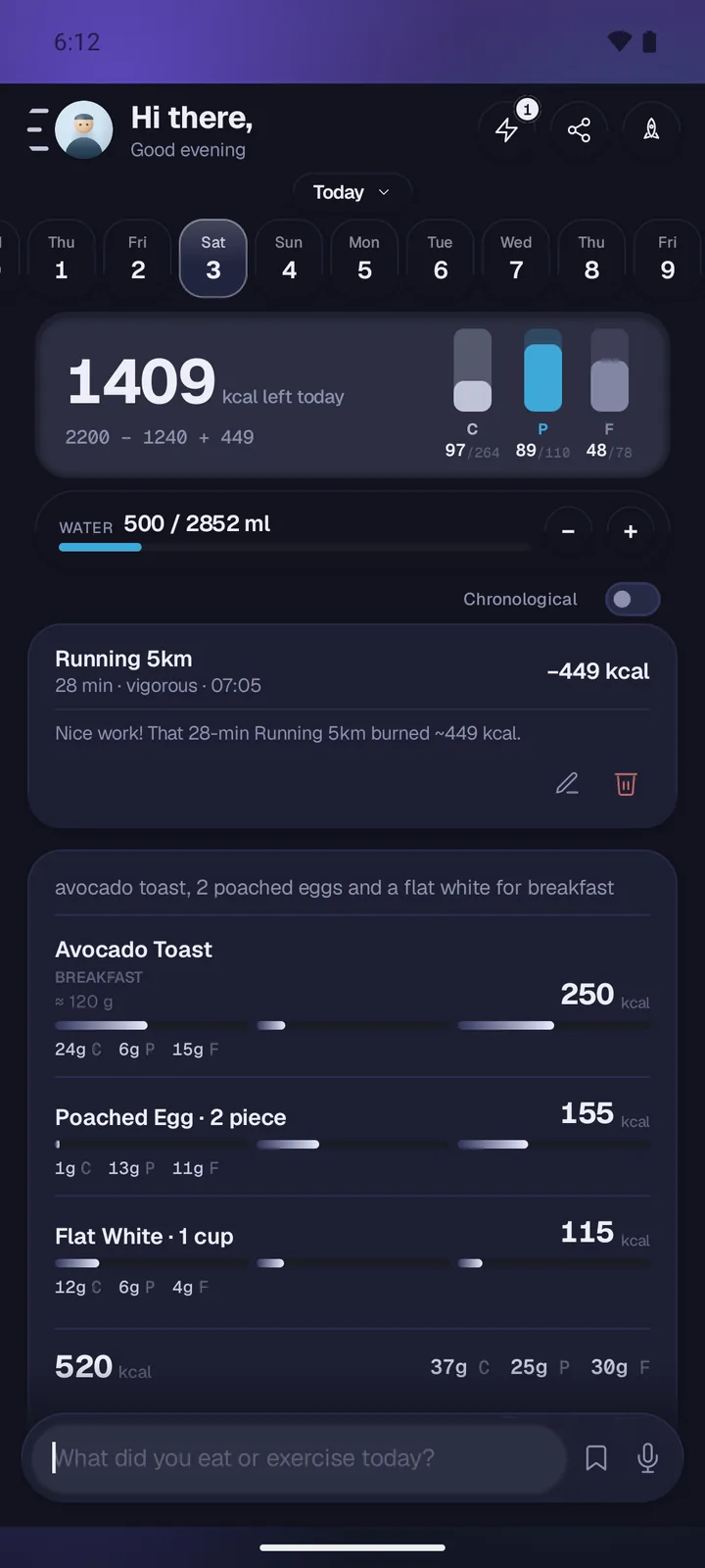 The same day in the Space theme, deep navy with a purple glow