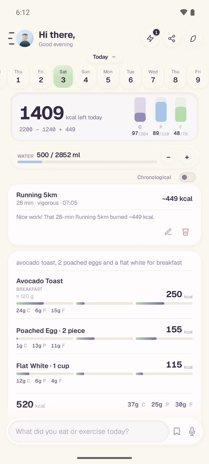 The same day in the Spring theme, with pastel lilac, blue and green macro bars