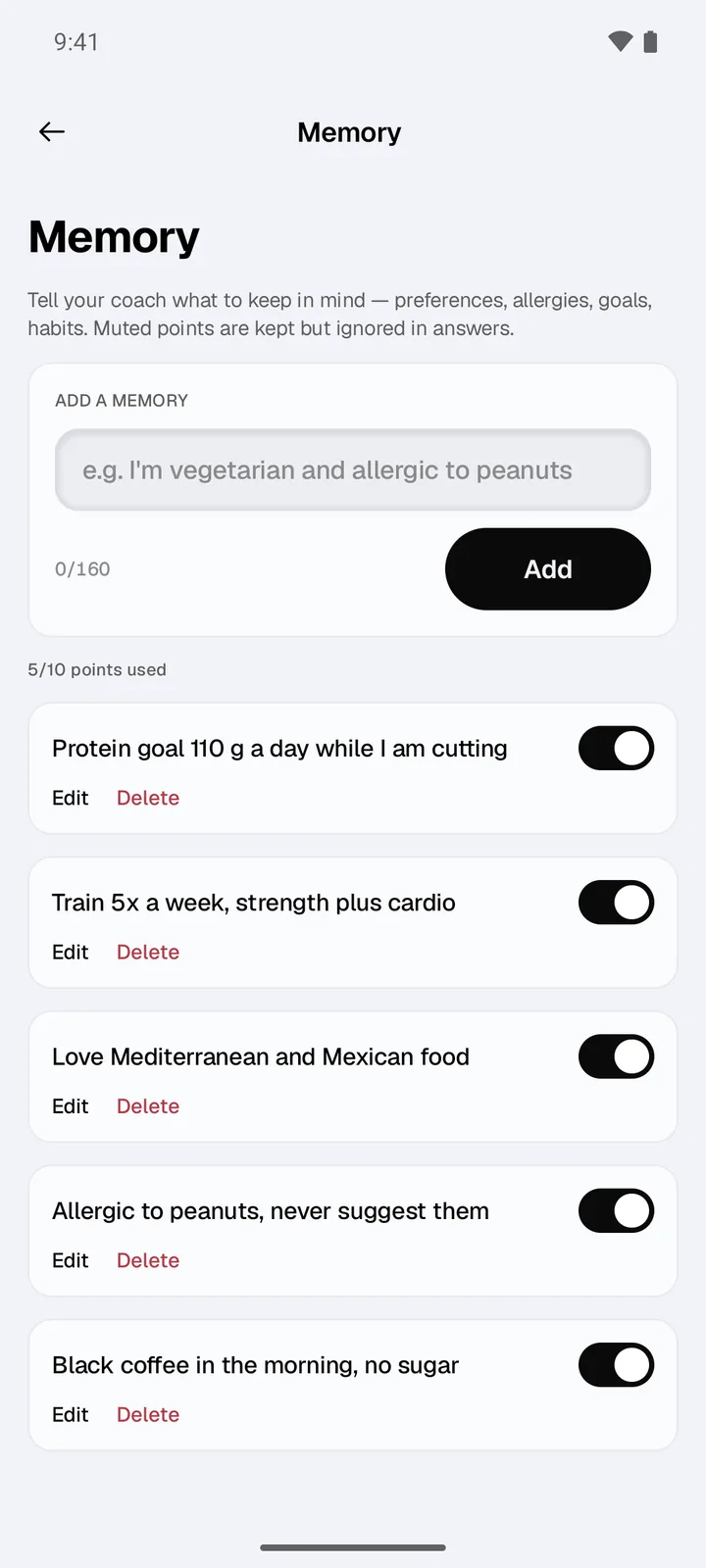 CalChat's Memory screen with five points the coach keeps in mind: a 110 g daily protein goal while cutting, training 5× a week, loving Mediterranean and Mexican food, a peanut allergy, and black coffee with no sugar