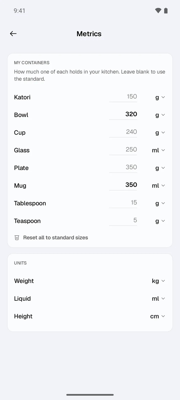 CalChat's Metrics screen: container sizes for katori, bowl, cup, glass, plate, mug, tablespoon and teaspoon, with the bowl set to 320 g and the mug to 350 ml, and units for weight, liquid and height
