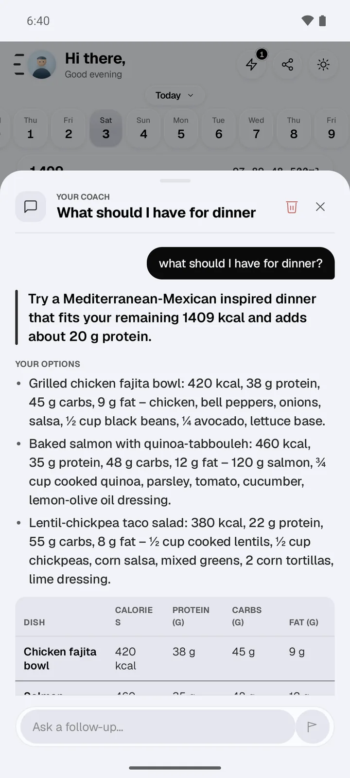 CalChat answering "what should I have for dinner?" with three Mediterranean and Mexican options — a grilled chicken fajita bowl, baked salmon with quinoa tabbouleh and a lentil-chickpea taco salad — each with calories and macros, sized to the 1,409 kcal left