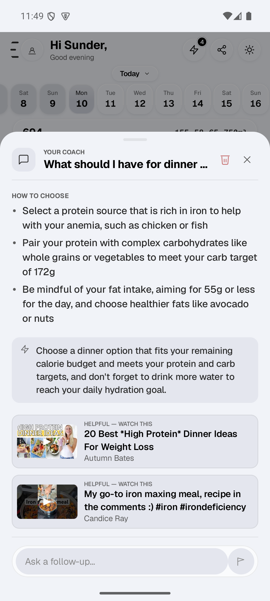 CalChat answering "what should I have for dinner tonight?" with iron-rich protein guidance tuned to the day's remaining carbs and fat