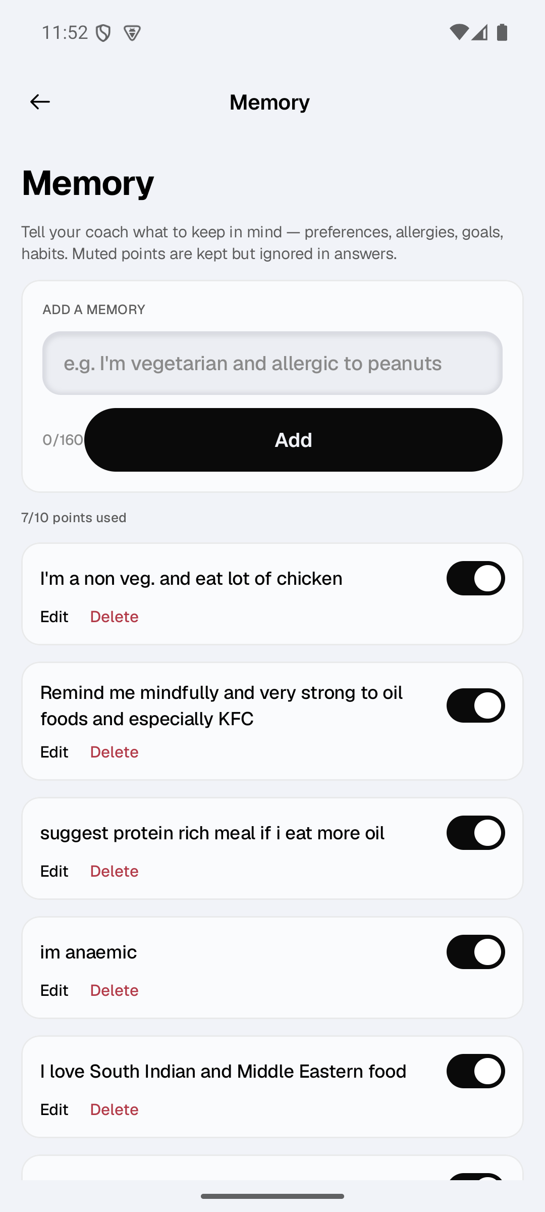 CalChat's Memory screen: editable points such as food preferences, an allergy and training frequency, each toggleable so the coach can be told what to keep in mind